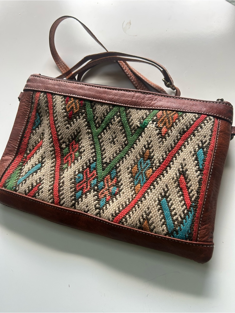 Colorful Woven Textile Pattern Crossbody Purse & Brown Leather; Adjustable Strap